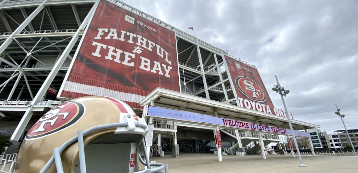 Jumbo San Francisco 49er's helmet outside Levi's Stadium Toyota Gate