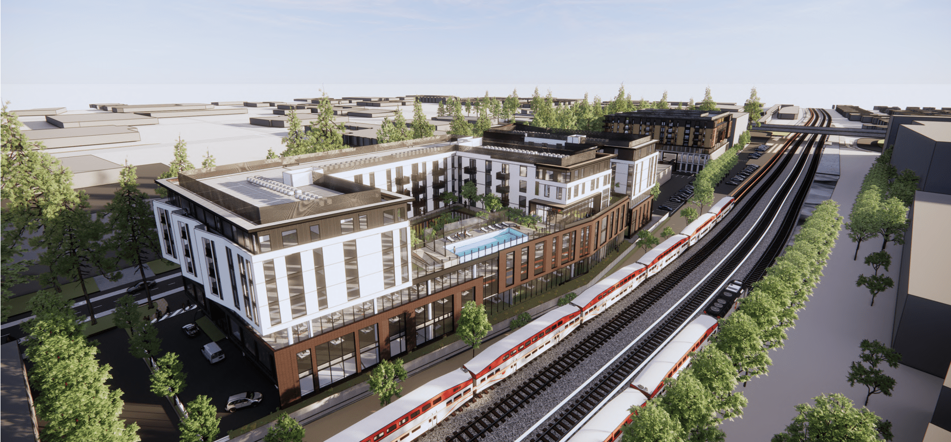 Conceptual rendering for the two proposed developments, showing a seven floor apartment and office complex right beside Caltrain train lines, with rendered trees and sidewalks.