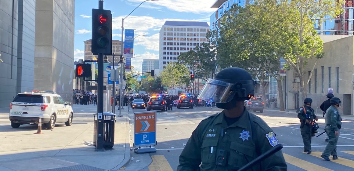 Protesters marched from San Jose City Hall to Highway 101 on May 29, 2020 after Minneapolis police officer Derek Chauvin killed George Floyd, an unarmed black man. File photo by Katie Lauer.