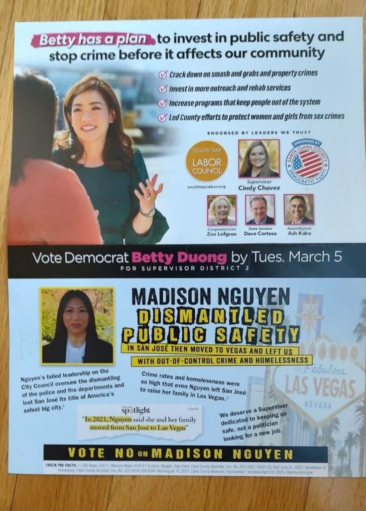 One side of the mailer against Santa Clara County Board of Supervisors D2 candidate Madison Nguyen, with a photo of candidate Betty Duong on top and Nguyen on bottom.