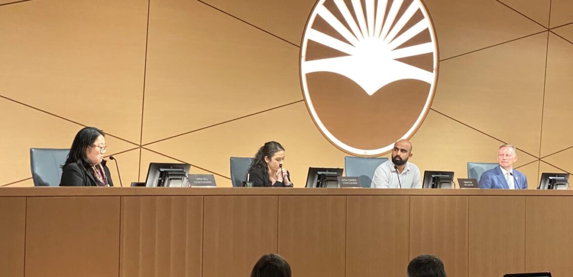 Sunnyvale City Councilmembers Linda Sell and Alysa Cisneros, Vice Mayor Omar Din and Mayor Larry Klein sit in the council chambers.