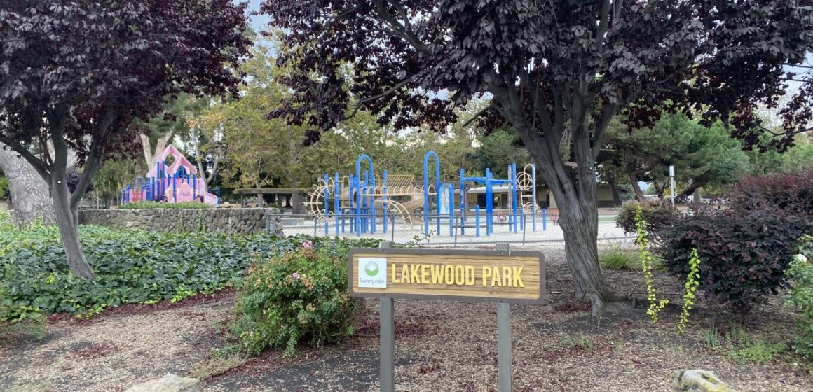 Sunnyvale's Lakewood Park sign in front of the playground