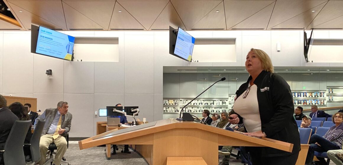 HomeFirst Chief Executive Officer Andrea Urton speaks at the Sunnyvale City Council meeting.