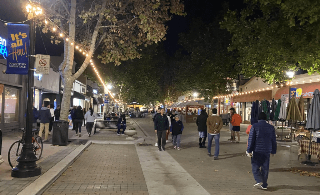 Sunnyvale's Historic Murphy Avenue at night full of pedestrians