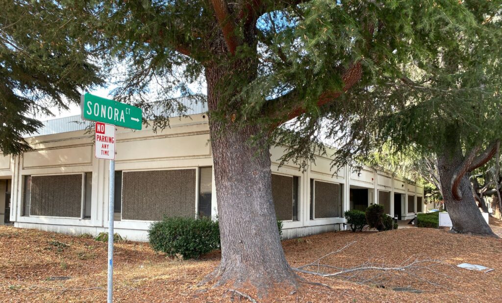 Entry to Sonora Court in Sunnyvale with large tree trunk and low office building.