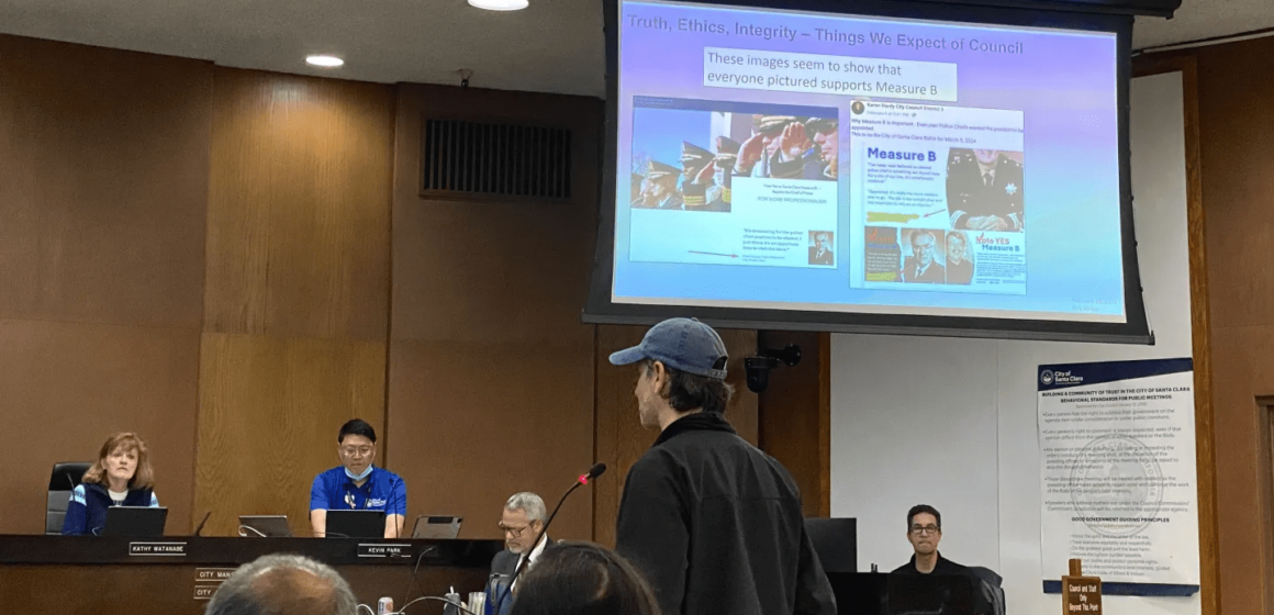 Person standing at podium wearing baseball cap with projection presentation of screenshotted Facebook ads