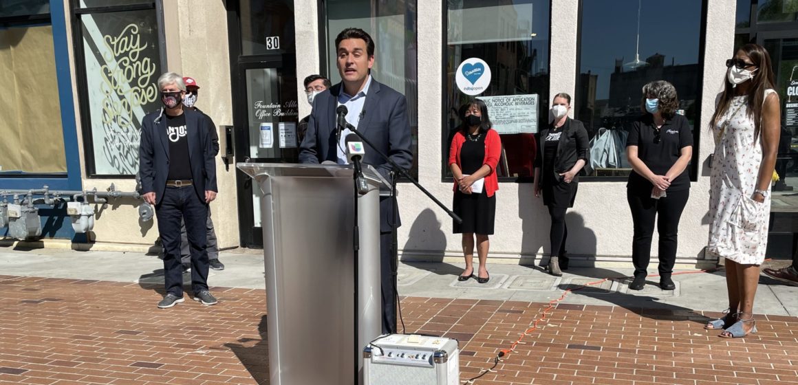 San Jose Councilmember Raul Peralez announced his $1 million request Wednesday, flanked by members of the Downtown San Jose Economic Recovery Task Force. Photo by Lloyd Alaban.