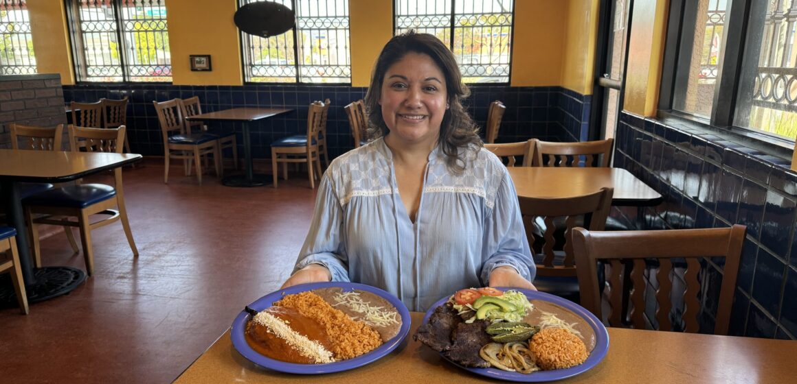 Veronica Meza with chile relleno and ribeye steak.