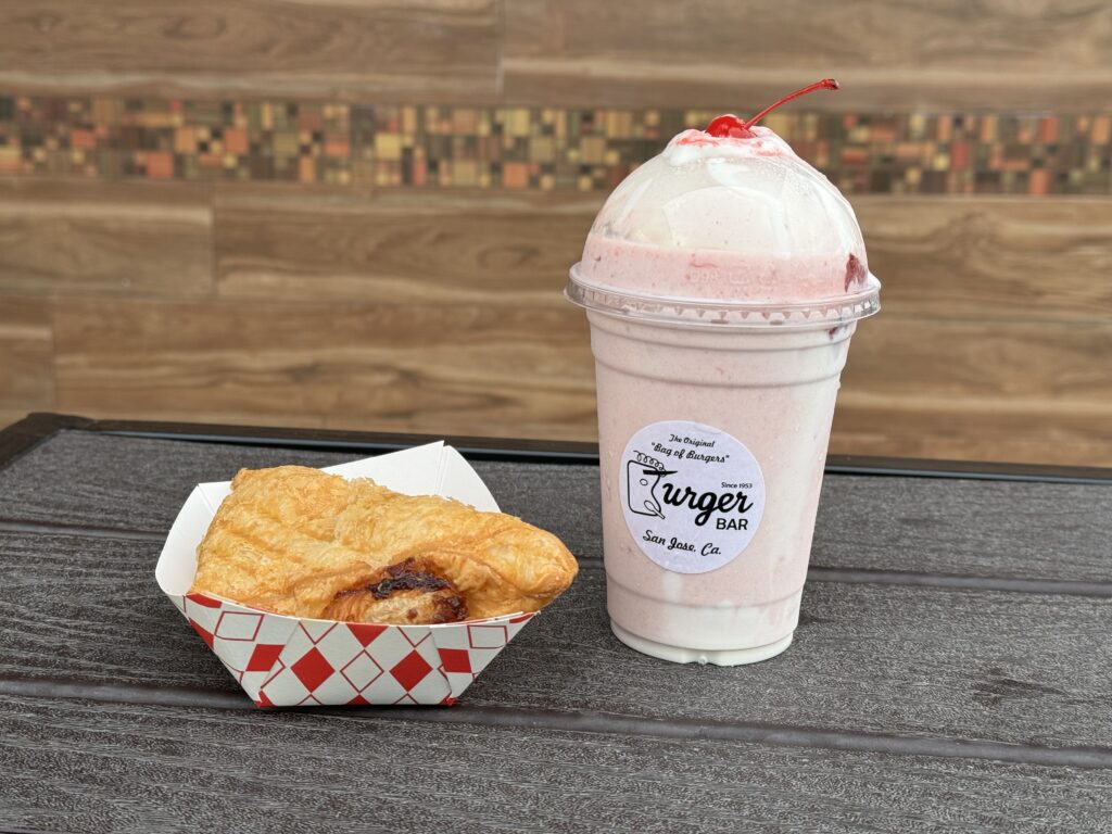 Apple turnover and strawberry shake from Burger Bar in San Jose