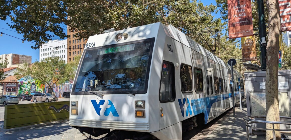 A light rail train in downtown San Jose