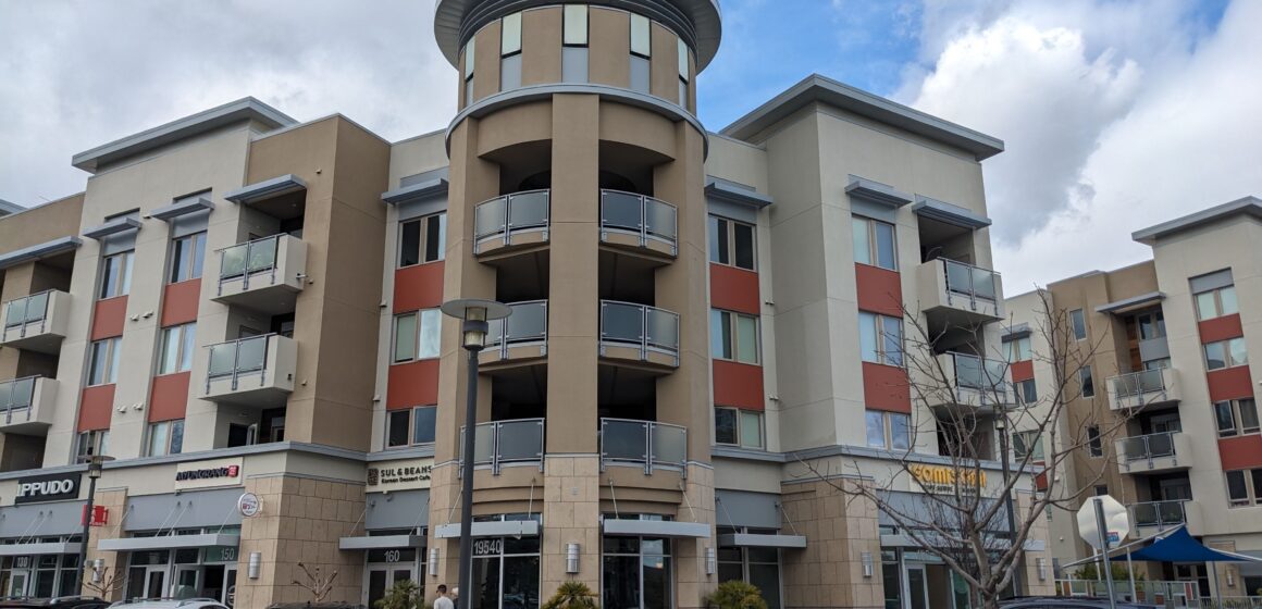 Buildings along Main Street in Cupertino with retail on the bottom floor.