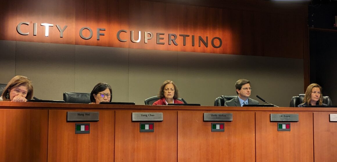 The Cupertino City Council, including Mayor Sheila Mohan, Vice Mayor J.R. Fruen, and Councilmembers Liang Chao, Hung Wei and Kitty Moore, sits at the dais on April 17.