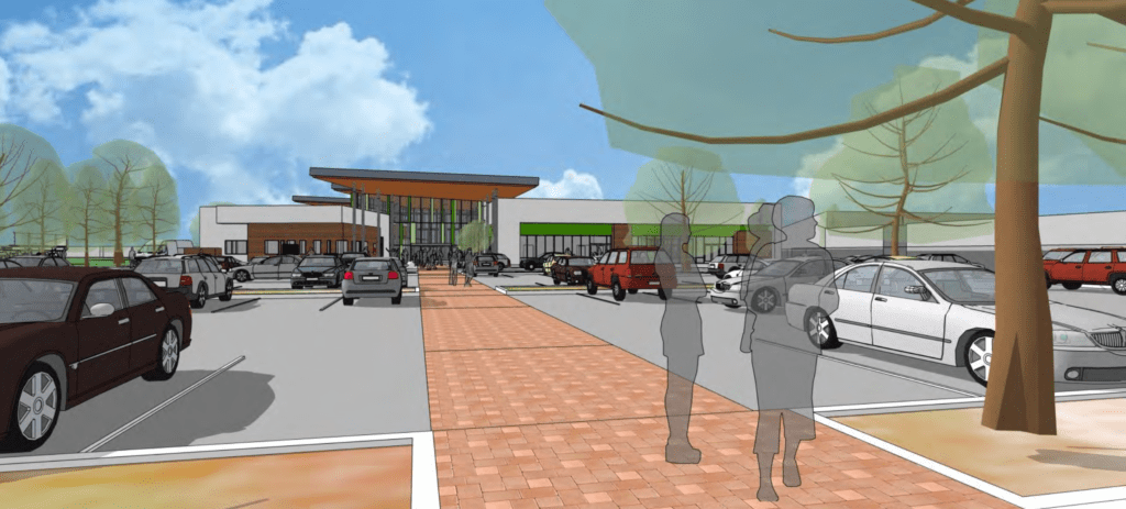 Architectural concept plan for the front of Lakewood Library, with the image of a surface parking lot leading into a one floor building with a slanted roof and glass wall.