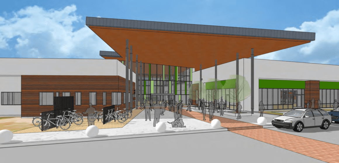 Architectural concept of Lakewood Library's front entrance, with a slanted awning over the entrance and bike racks by the door