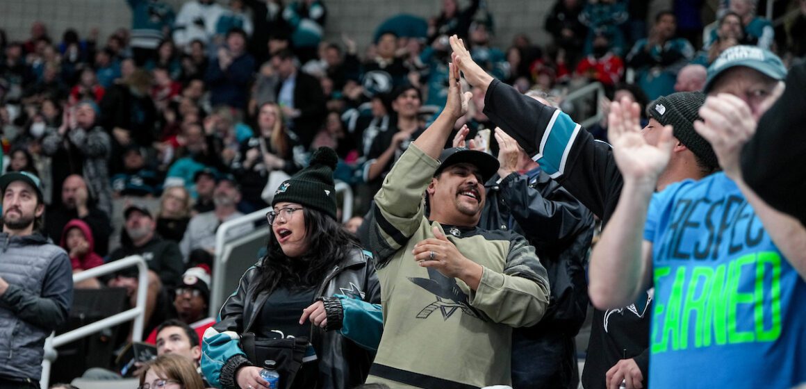 Ice Hockey fans at a game standing and cheering.