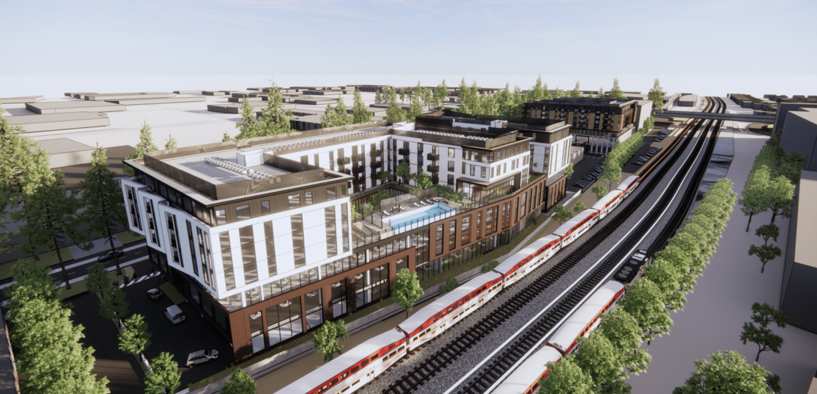 Conceptual rendering for the two proposed developments, showing a seven floor apartment and office complex right beside Caltrain train lines, with rendered trees and sidewalks.