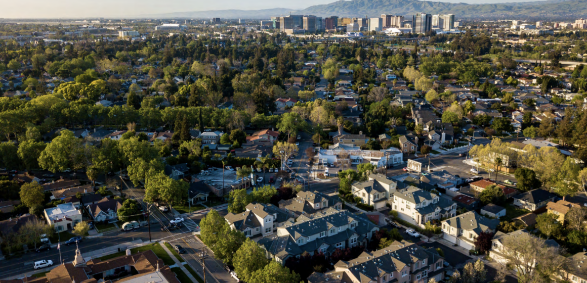 An aerial view of trees and houses in San Jose