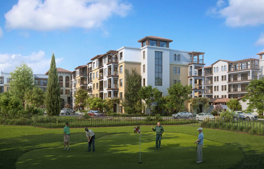 Rendering of front of four-and-five apartment complex from the putting green of a hole on the golf course