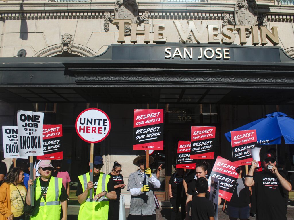 Hotel workers with Unite Here Local 19 march and picket Tuesday evening in Downtown San Jose for higher wages, staffing and benefits.