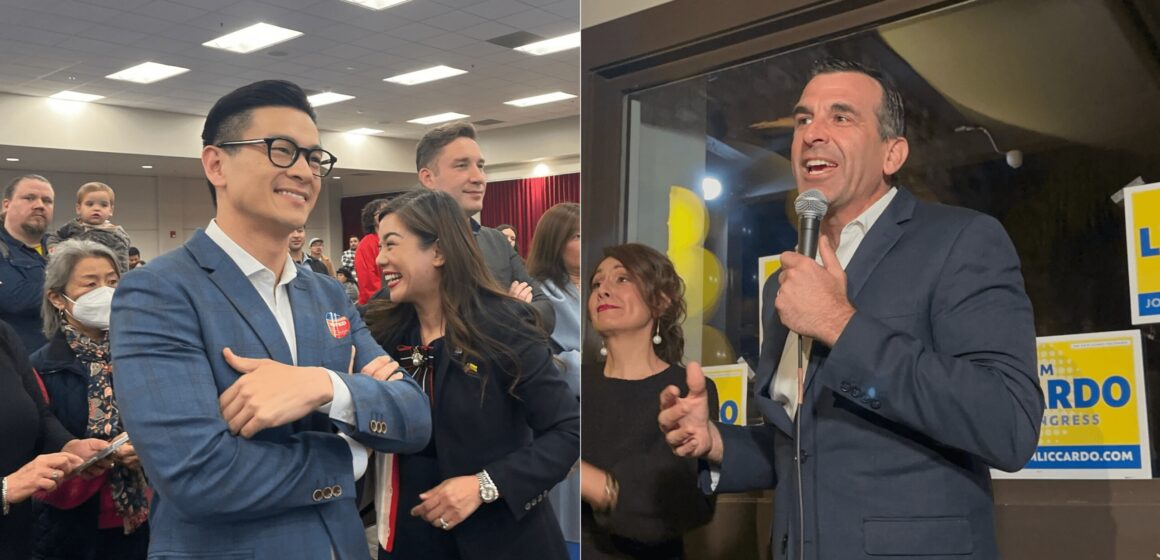 Composite photo of two people standing at two different events